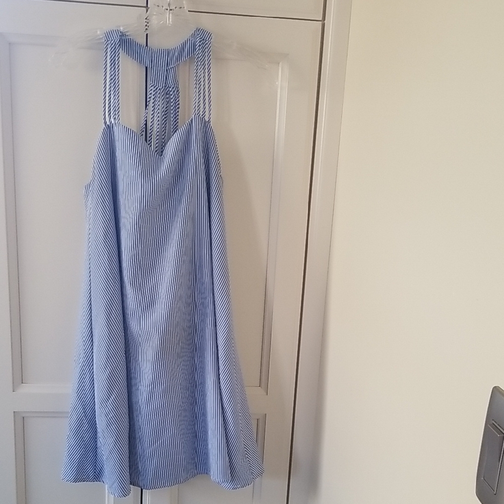 Mystic Girl Blue and White Striped Halter Top Dress - Size Medium